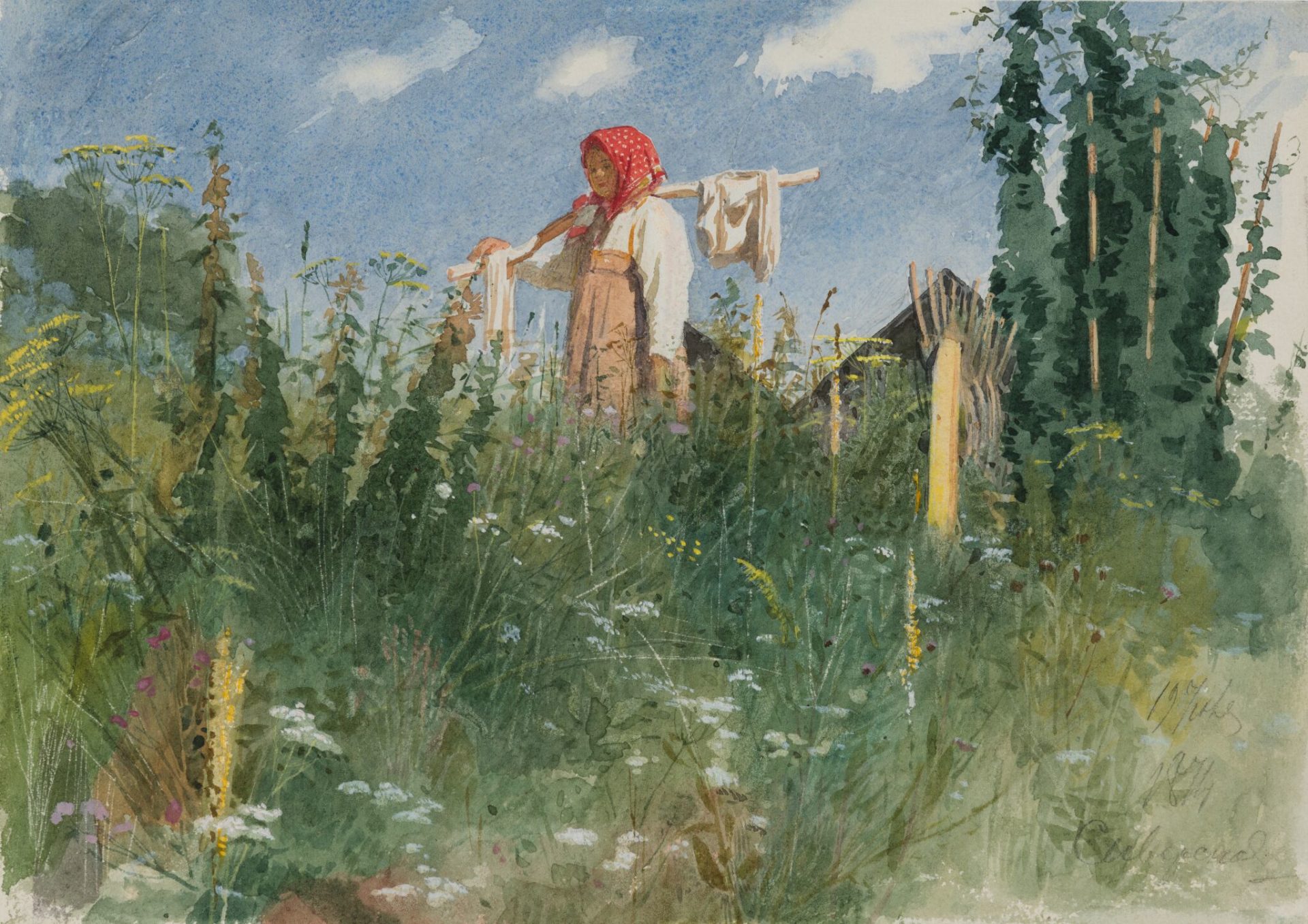 Крамской И.Н. 
Девочка с бельем на коромысле среди травы. 1874 г.
