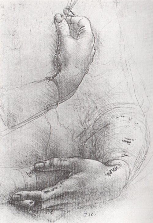 Леонардо да Винчи. Этюд рук. Ок. 1500. серебряный шрифт, грунтованная бумага.