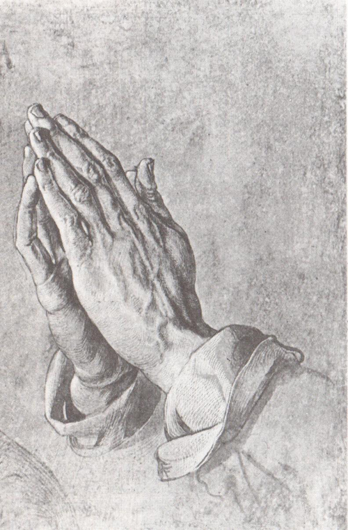А. Дюрер Этюд рук ок. 1508. Перо, кисть, тушь, белила, тонированная голубым бумага.