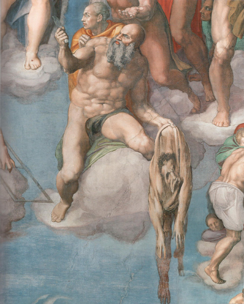 Микеланджело. Фрагмент фрески «Страшный суд».  (1537-1541) Сикстинская Капелла. Автопортрет на коже Св. Бартоломью.