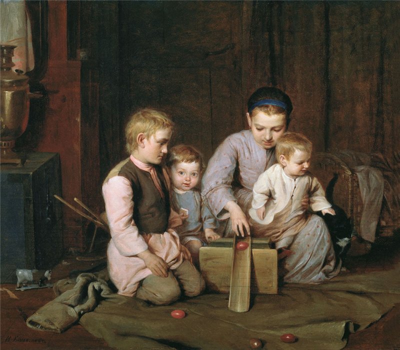 Кошелев Н. А. Дети, катающие пасхальные яйца 1855 г.